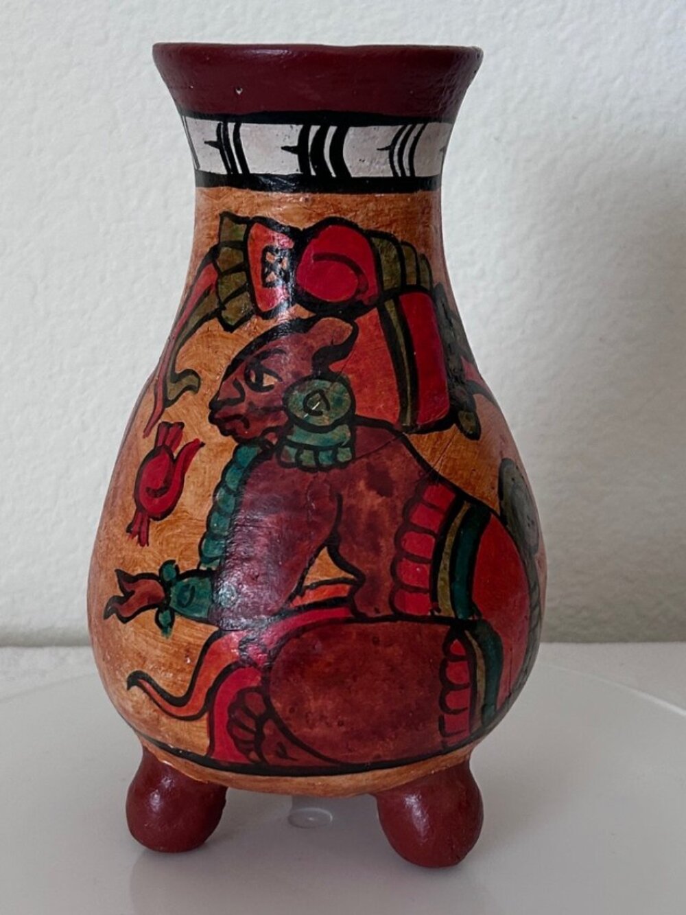 Vintage Mexican Vase Red Clay Pottery Hand-painted Footed 8.25 inches tall